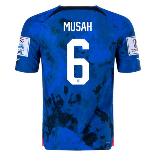 Nike United States Musah Authentic Match Away Jersey 22/23 w/ World Cup 2022 Patches (Bright Blue/White)