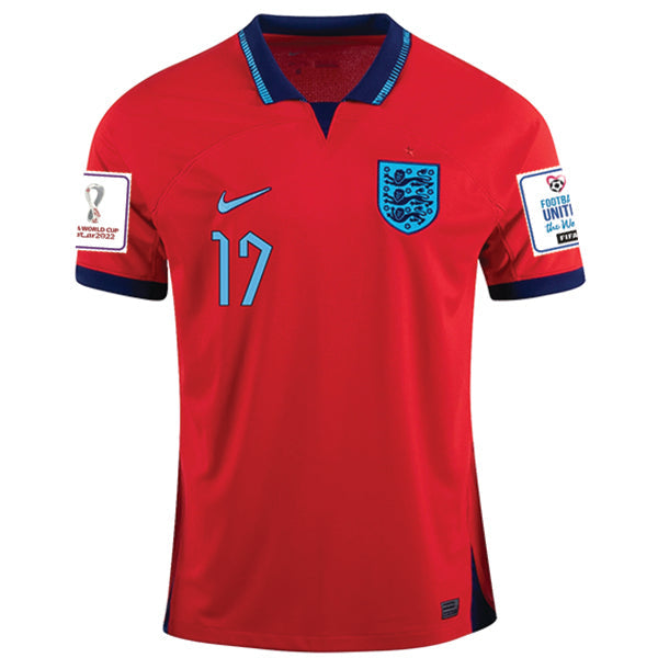Nike England Bukayo Saka Away Jersey 22/23 w/ World Cup 2022 Patches (Challenge Red/Blue Void)