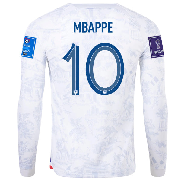 Nike France Kylian Mbappe Away Long Sleeve Jersey 22/23 w/ World Cup 2022 Patches (White/Game Royal)