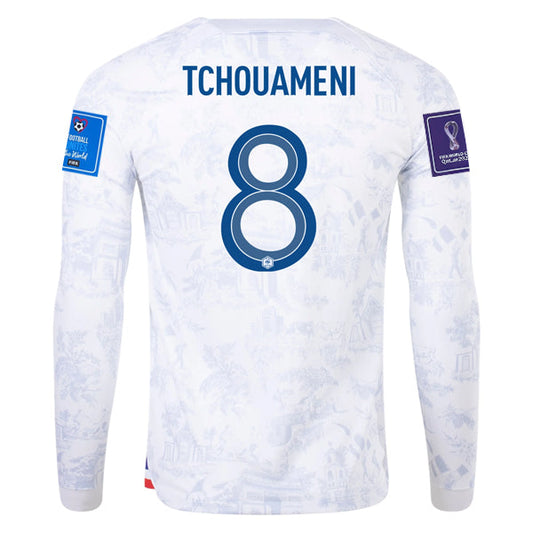Nike France Tchouameni Away Long Sleeve Jersey 22/23 w/ World Cup 2022 Patches (White/Game Royal)