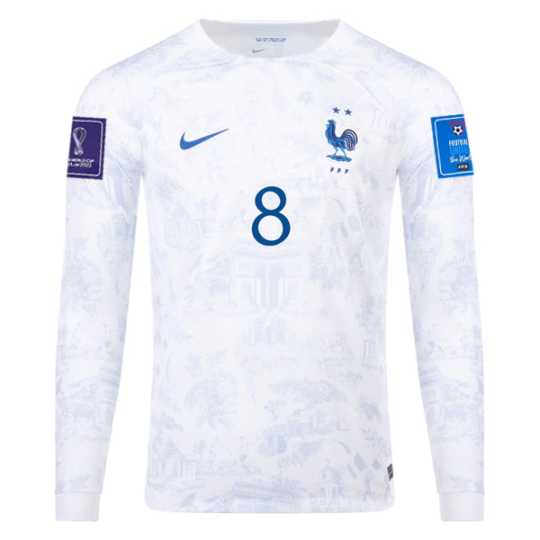 Nike France Tchouameni Away Long Sleeve Jersey 22/23 w/ World Cup 2022 Patches (White/Game Royal)