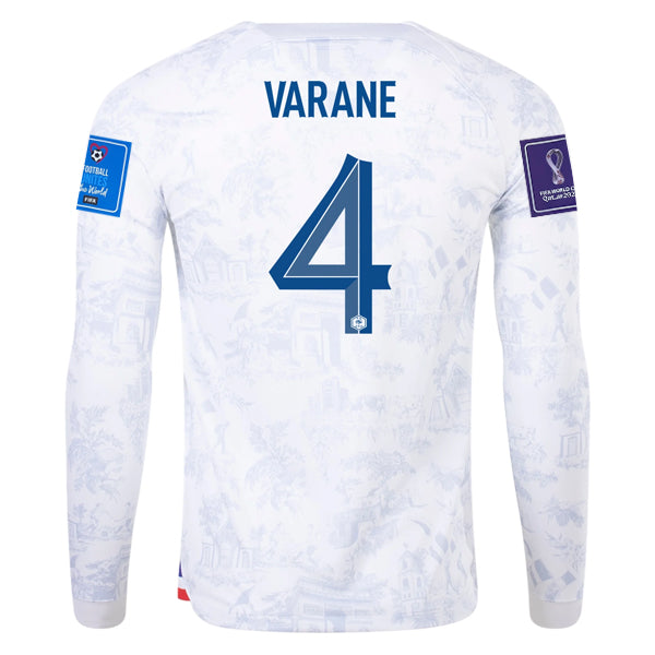 Nike France Varane Away Long Sleeve Jersey 22/23 w/ World Cup 2022 Patches (White/Game Royal)