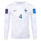 Nike France Varane Away Long Sleeve Jersey 22/23 w/ World Cup 2022 Patches (White/Game Royal)