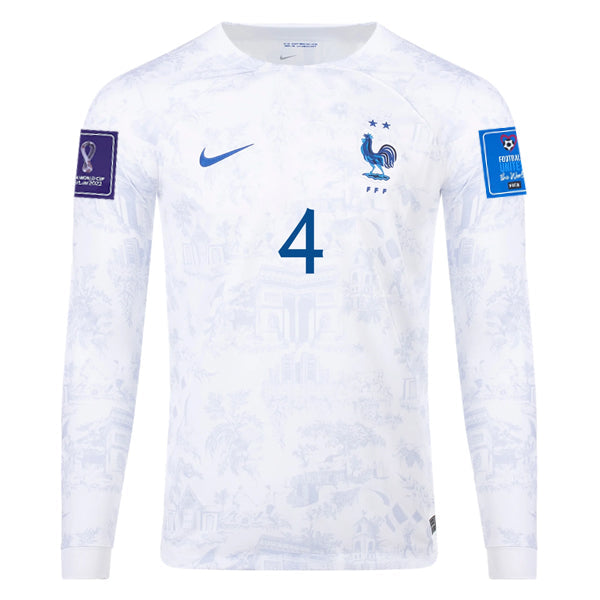 Nike France Varane Away Long Sleeve Jersey 22/23 w/ World Cup 2022 Patches (White/Game Royal)