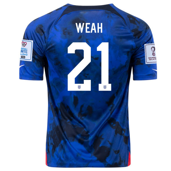 Nike United States Timothy Weah Away Jersey 22/23 w/ World Cup 2022 Patches (Bright Blue/White)