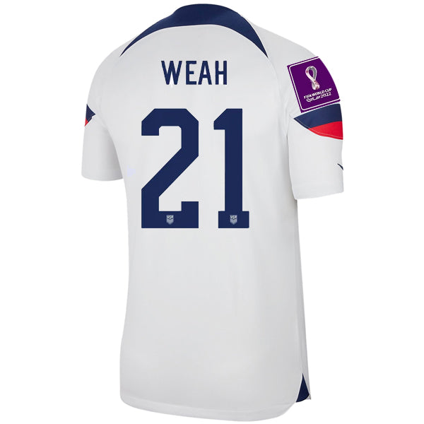 Nike United States Timothy Weah Authentic Match Home Jersey 22/23 w/ World Cup 2022 Patches (White/Loyal Blue)