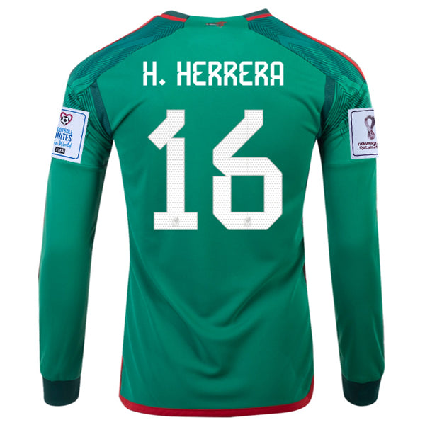 adidas Mexico Hector Herrera Home Long Sleeve Jersey 22/23 w/ World Cup 2022 Patches (Vivid Green)