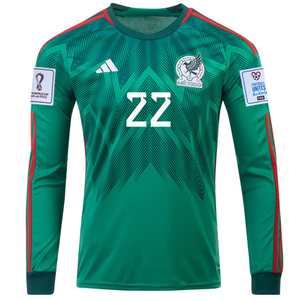 adidas Mexico Hirving Lozano Home Long Sleeve Jersey 22/23 w/ World Cup 2022 Patches (Vivid Green)