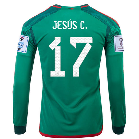 adidas Mexico Jesus Corona Home Long Sleeve Jersey 22/23 w/ World Cup Patches (Vivid Green)
