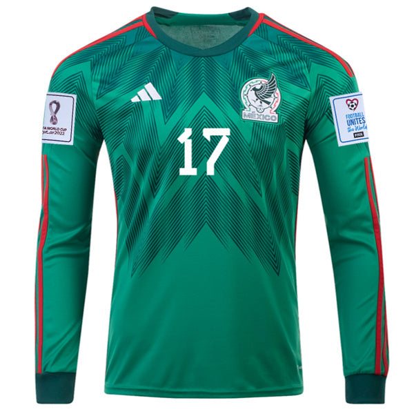 adidas Mexico Jesus Corona Home Long Sleeve Jersey 22/23 w/ World Cup Patches (Vivid Green)