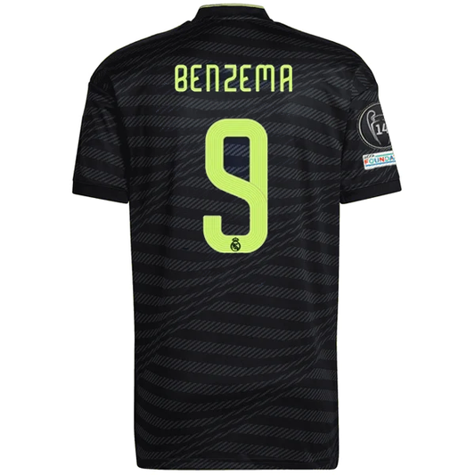 adidas Real Madrid Karim Benzema Third Jersey w/ Champions League Patches 22/23 (Black/Lime)