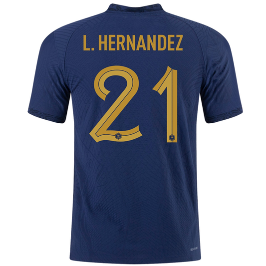 Nike France Authentic Match Lucas Hernandez Home Jersey w/ World Cup Champion Patch 22/23 (Midnight Navy/Metallic Gold)