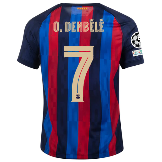 Nike Barcelona Ousmane Dembélé Home Jersey w/ Champions League Patches 22/23 (Obsidian/Sesame)