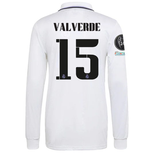 adidas Real Madrid Home Federico Valverde Long Sleeve Jersey w/ Champions League Patches 22/23 (White)