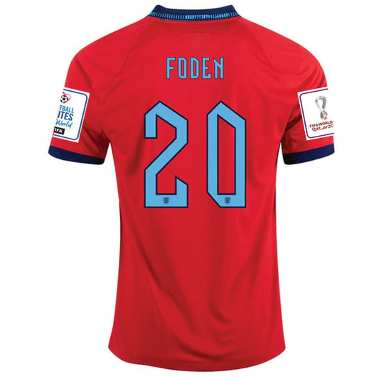 Nike England Phil Foden Away Jersey 22/23 w/ World Cup 2022 Patches (Challenge Red/Blue Void)