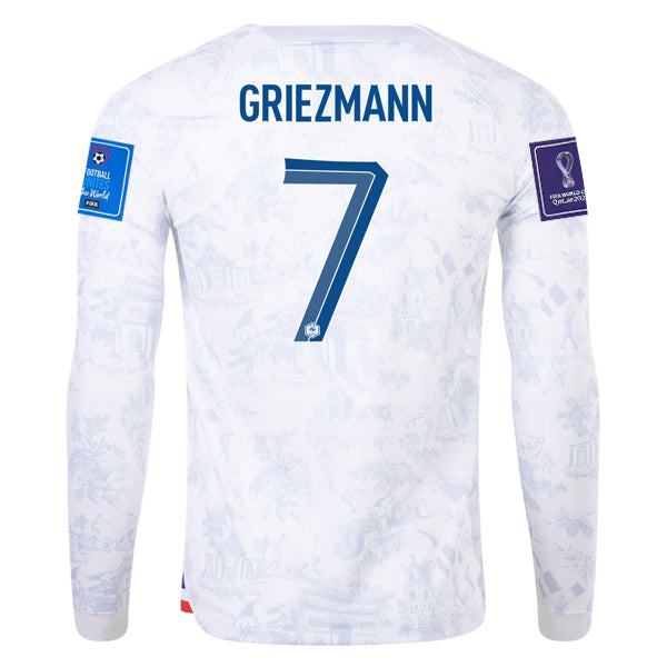 Nike France Griezmann Away Long Sleeve Jersey 22/23 w/ World Cup 2022 Patches (White/Game Royal)