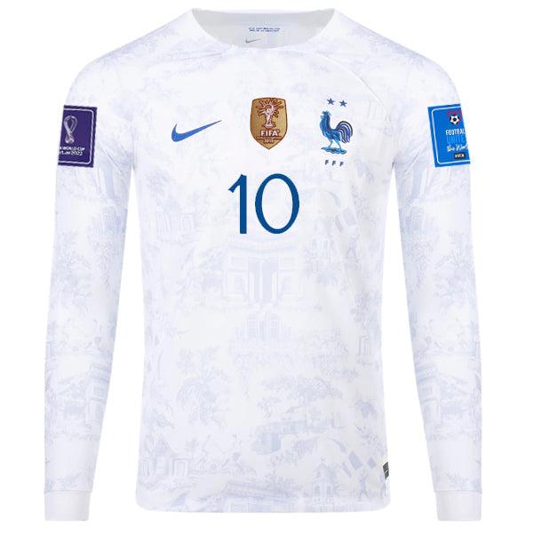 Nike France Kylian Mbappe Away Long Sleeve Jersey 22/23 w/ World Cup 2022 Patches (White/Game Royal)