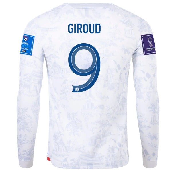 Nike France Olivier Giroud Away Long Sleeve Jersey 22/23 w/ World Cup 2022 Patches (White/Game Royal)