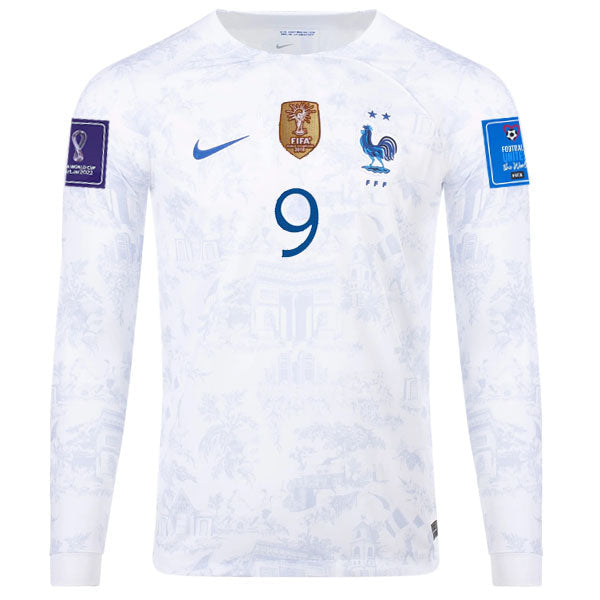 Nike France Olivier Giroud Away Long Sleeve Jersey 22/23 w/ World Cup 2022 Patches (White/Game Royal)