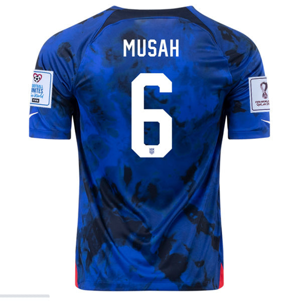 Nike United States Musah Away Jersey 22/23 w/ World Cup 2022 Patches (Bright Blue/White)