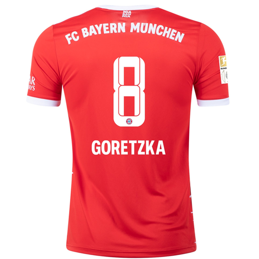 adidas Bayern Munich Leon Goretzka Home Jersey w/ Bundesliga + 10 Times Winner Patch 22/23 (Red/White)