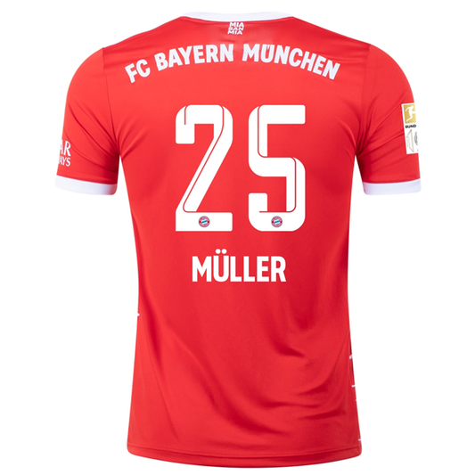 adidas Bayern Munich Thomas Muller Home Jersey w/ Bundesliga + 10 Times Winner Patch 22/23 (Red/White)