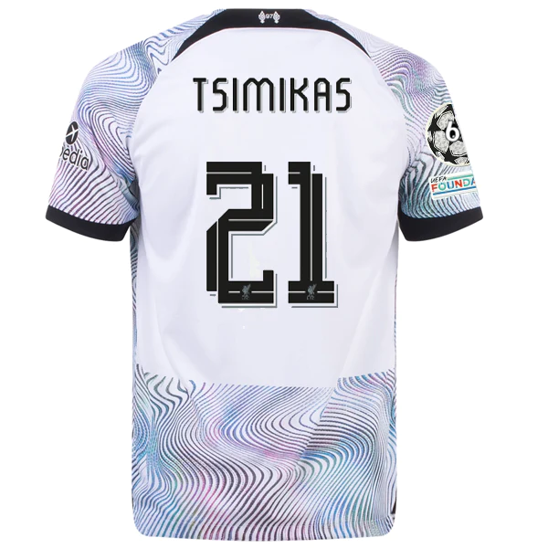 Nike Liverpool Tsimikas Away Jersey w/ Champions League Patches 22/23 (White/Black)